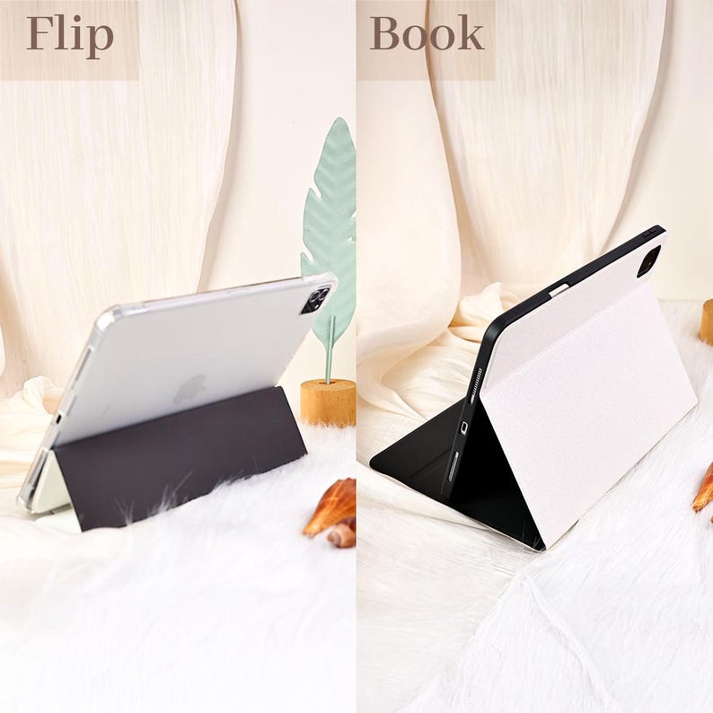 May include: Two views of a tablet with a protective case. The left side shows the tablet in a flip position, supported by the case. The right side shows the tablet in a book position, with the case acting as a stand. The case is black and white.