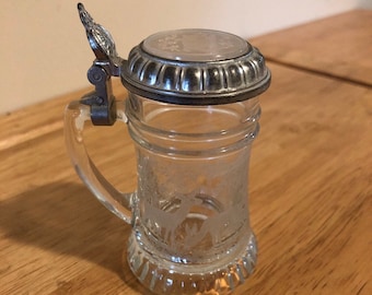 Original BMF SCHNAPSKRUGERL German Stein Etched Glass Mini Stein  Glass , deer and boar EUC