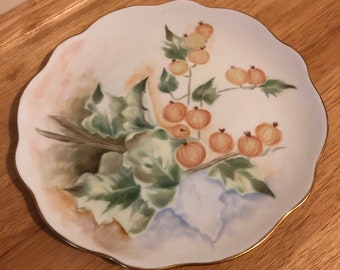 Vintage Collectable plate, 8.25", Peach berry and leaf, hand painted.  This beautiful plate seems to be signed " thorn 966"