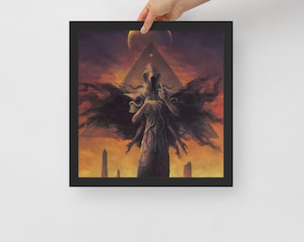May include: A hooded figure with multiple arms stands in front of a pyramid and a glowing orb. The figure is surrounded by a dark, swirling mist. The background is a sunset with a golden sky.