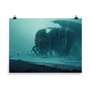 Cthulhu Rises Poster - Horizontal 18 x 24 - Call of Cthulhu H.P. Lovecraft Cosmic Horror Steampunk Gothic Dark  - Wall Art Matte Paper