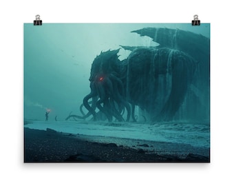 Poster di Cthulhu Rises - Orizzontale 18 x 24 - Call of Cthulhu H.P. Lovecraft Cosmic Horror Steampunk Gothic Dark - Carta opaca per decorazione murale