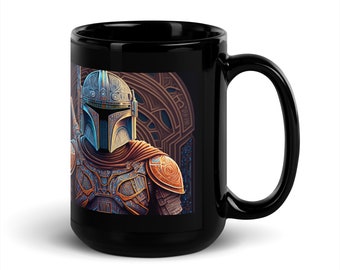Kubek Star Wars Mandalorian | Stylizowany czarny kubek Mando Sci Fi Art | Kubek Pop Culture | Kubek prezentowy | Dostępne rozmiary kubków 11oz / 15oz - Darmowa wysyłka