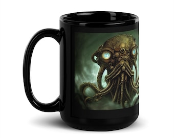 Steampunk Cthulhu Mug - Lovecraftian Cthulhu Graphic Coffee Mug, Pop Culture Mug Sci Fi Horror Weird Art Tall Black 15 oz Mug Free Shipping
