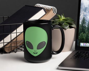 Alien Head Graphic Coffee Mug UFO Little Green Men Greys Sci Fi Funny Mug Black Glossy 15oz Mug Free Shipping