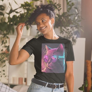 Awesome Cyberpunk Synthwave Cat Shirt - Neon Kitty Vaporwave Themed Pop Culture Short-Sleeve Unisex T-Shirt Men&#39;s & Women&#39;s | Free Shipping