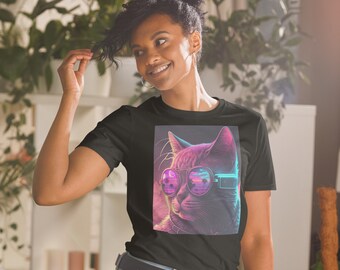 Niesamowita koszulka Cyberpunk Synthwave Cat - Neon Kitty Vaporwave Themed Pop Culture Short-Sleeve T-shirt unisex dla mężczyzn i kobiet | Darmowa wysyłka