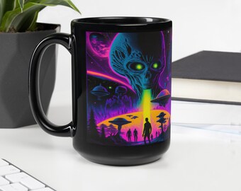 Alien UFO Neon Blacklight Style Mug | Sci Fi Trippy Art rétro | Tasse de culture pop | Synthwave Black Mug 11 oz / 15 oz Disponible Livraison gratuite
