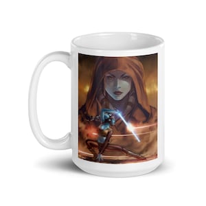 May include: White ceramic mug featuring a fantasy illustration of a blue-skinned character with a lightsaber. The artwork includes a hooded figure in the background and a dynamic pose with a glowing blue lightsaber. The mug has a curved handle.