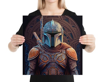 Mandalorian Gestileerde Bounty Hunter Star Wars | 16 x 16 vierkante kunst aan de muur | Sci Fi Frameable Poster - Pop Cultuur Muur Decor Gedrukt Artwork
