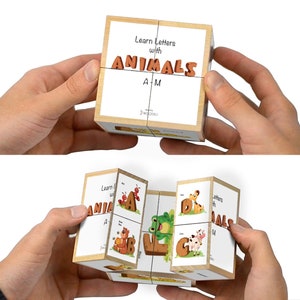 Wooden letters animals alphabet Montessori - Educational puzzle photo cubes and blocks preschool learning activities wooden