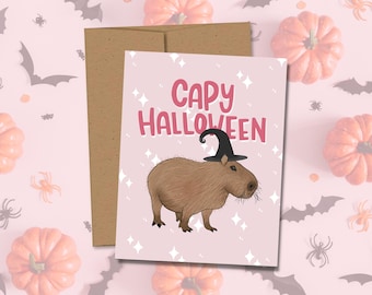 Capybara Halloween Greeting Card, Capy Halloween Card, Spooky Handlettered Greeting Card, Halloween Gift, Cute Pink Halloween Girl Gift