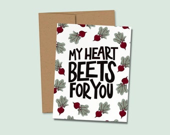 Vegetarian Anniversary Card, My Heart Beets for You, Cute Pun Anniversary Card, Card for Beet Lovers, Vegetable Anniversary Card