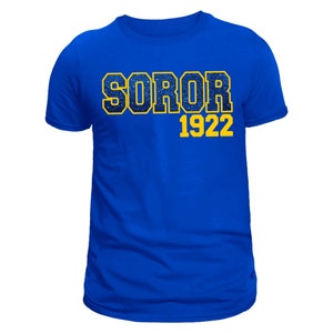 Camiseta azul royal da irmandade: letras gregas brilhantes e EST. 1922 (manga curta)