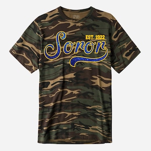 Camiseta de hermandad con estampado de camuflaje: remera con letras griegas del año 1922 con purpurina (manga corta)