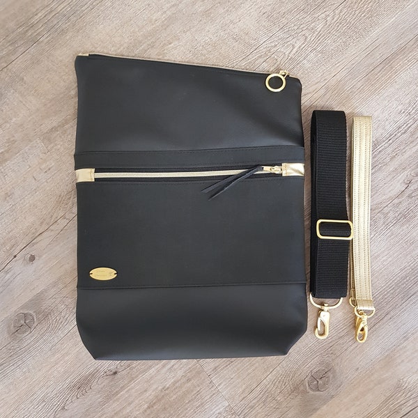 Foldover Tasche// Crossbody Tasche schwarz gold//Umhängetasche mit breitem Gurt//Umhängetasche Damen sportlich elegant//Rosenröschen