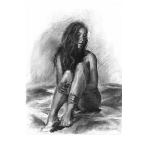 original female sketch, charcoal drawing, bedroom wall art, woman charcoal art, large charcoal drawing, charcoal art, unique charcoal art