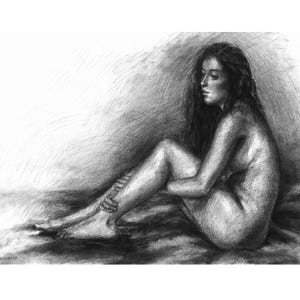 original female sketch, charcoal drawing, bedroom wall art, woman charcoal art, large charcoal drawing, charcoal art, unique charcoal art