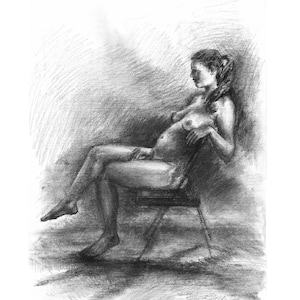original female sketch, charcoal drawing, bedroom wall art, woman charcoal art, large charcoal drawing, charcoal art, unique charcoal art