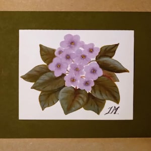 Carta originale dipinta a mano, carta acquerellata, carta con violetta africana, fatta a mano, auguri, congratulazioni, grazie, festa della mamma, carta di anniversario