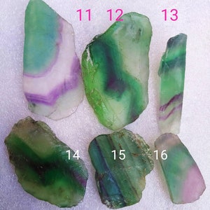 May include: Six polished fluorite slices labeled 11 through 16. Each piece displays translucent bands of green, purple, and white. The stones have irregular, organic shapes with smooth, flat surfaces and varying color intensities throughout each specimen.