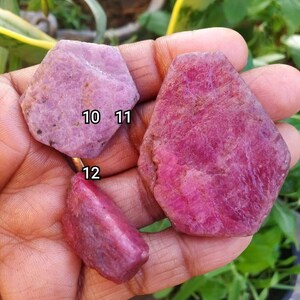 Op de afbeelding: Drie ruwe, ongepolijste robijn edelstenen in tinten roze en dieprood. De stenen zijn gelabeld met de nummers 10, 11 en 12. Elk stuk heeft een ruwe, kristallijne textuur met natuurlijke facetten en onregelmatige, hoekige randen.