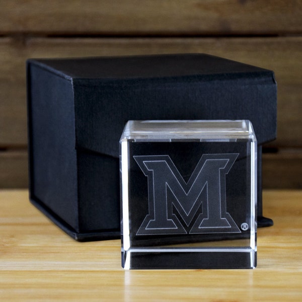 Miami University Ohio M logo laser engraved crystal Cube - Officially Licensed NCAA - Redhawks