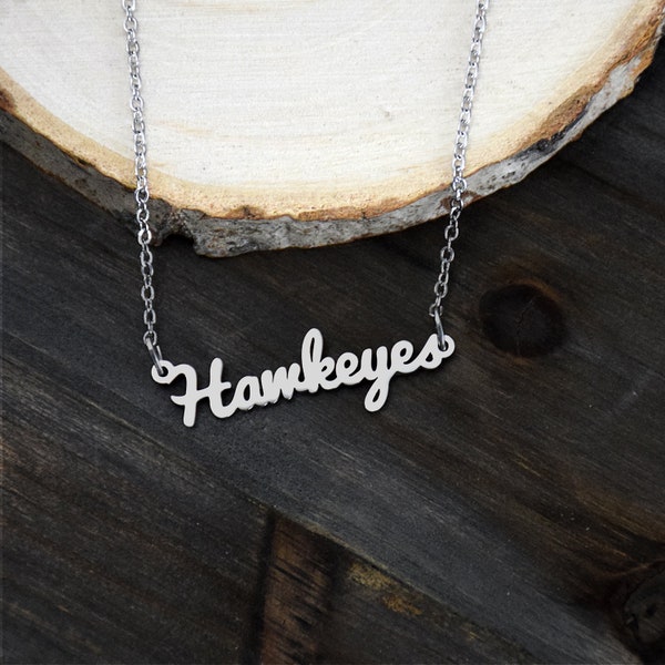 The University of Iowa Hawkeyes script necklace - Officially Licensed NCAA - silver finish word necklace on adjustable chain