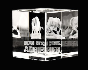 Utah State University Aggies Bull logo laser engraved crystal Cube - Officially Licensed NCAA