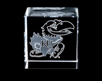 University of Kansas KU Jayhawks logo laser engraved crystal Cube - Officially Licensed NCAA - National Champion 2022