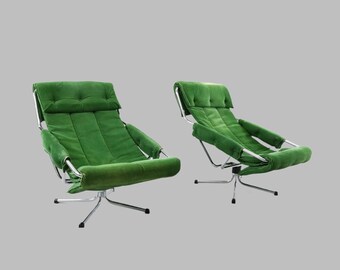 Two Exclusive Swedish 'Luta' Armchairs by Värnamo Sängkläder - 1970s Green Vintage Armchairs - 70s Chrome Lounge Armchairs - Swedish Design