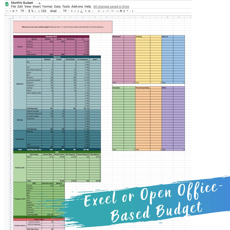 Monthly Budget Template for EXCEL/ NUMBERS/ OPENOFFICE Business Tracker