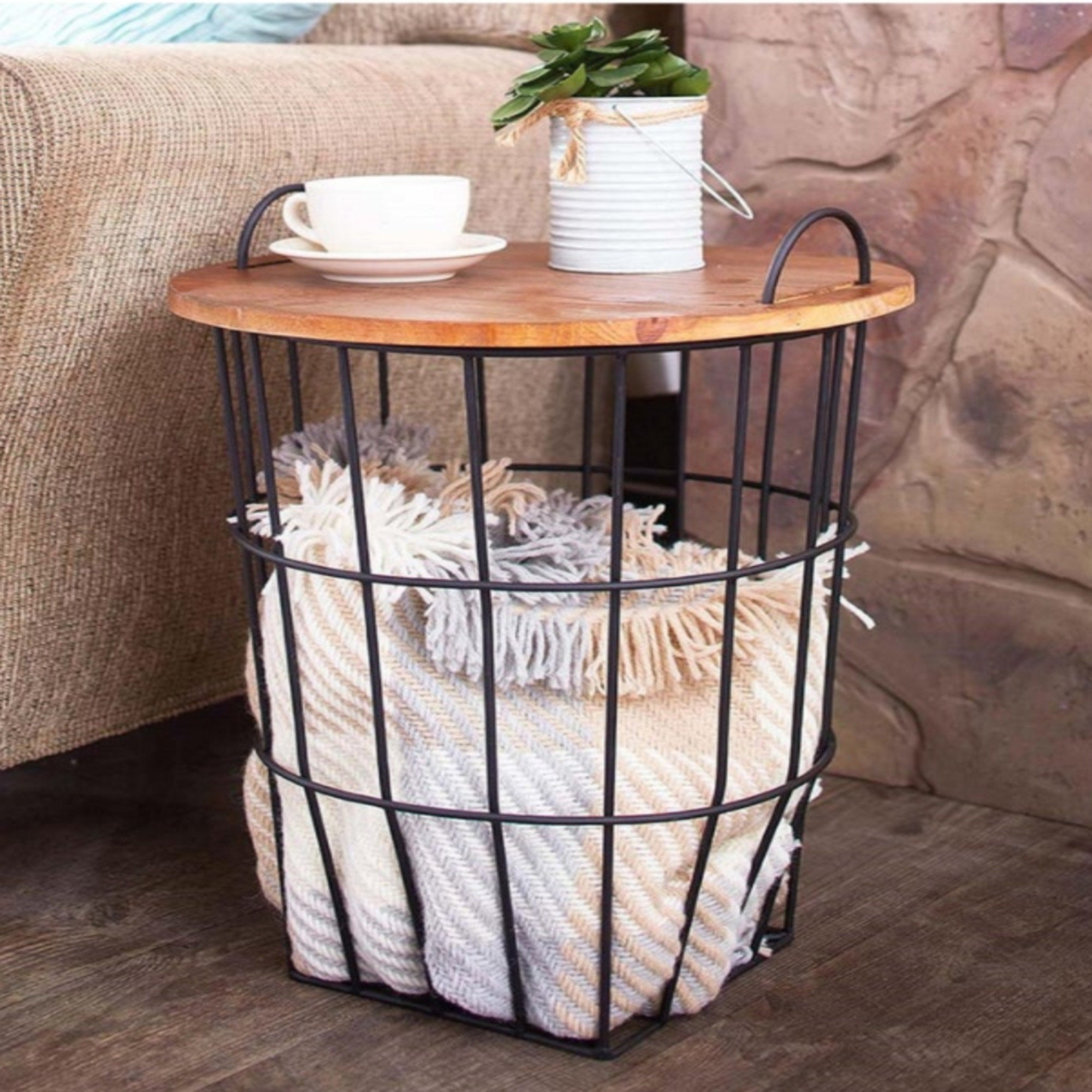 Round Wood Top Storage Basket Side Coffee Table With Modern Round Wood Top Storage Basket Side, Round Side Table With Storage Basket