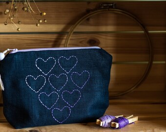 Linen woman handbag with embroidered hearts, Gift for Love
