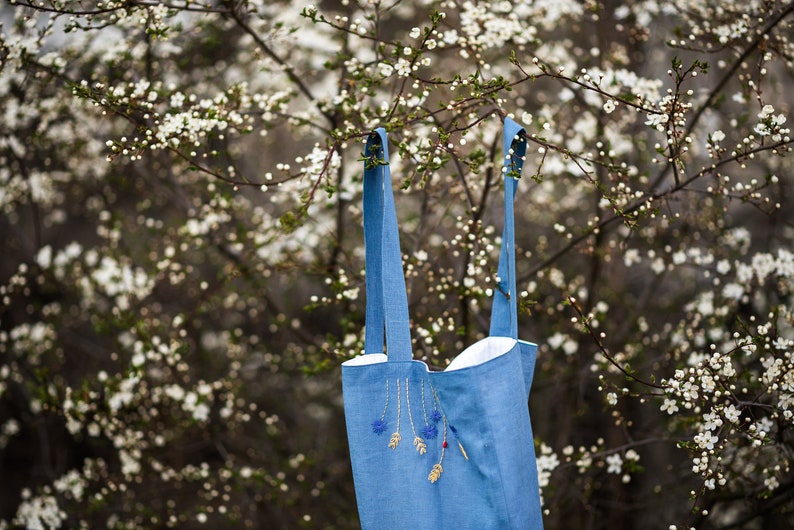 Linen Handembroidered tote bag, Shoulder summer bag with flowers image 5