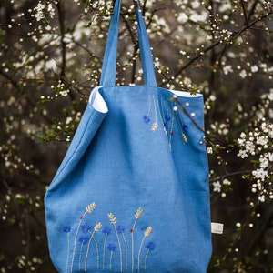 Linen Handembroidered tote bag, Shoulder summer bag with flowers image 2