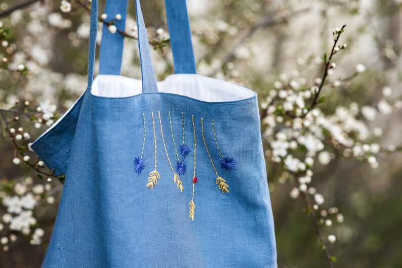 Linen Handembroidered tote bag, Shoulder summer bag with flowers White lining