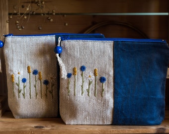 Floral embroider cosmetic pouch, Blue makeupbag with flowers, Sustainable gift for girlfriend mom