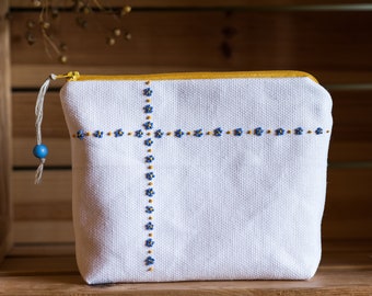 Floral makeup pouch with handembroidered Forget-Me-Not, White linen cosmetic bag