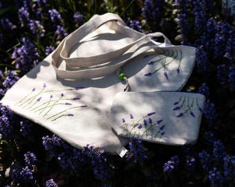 Set of floral tote bag and cosmetic bag, Handembroider lavender, Gift for Mom, Woman, Girlfriend