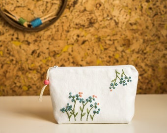 Handembroidered cosmetic bag, Floral white bridal purse, Linen cosmetic pouch with Forget Me Not flowers