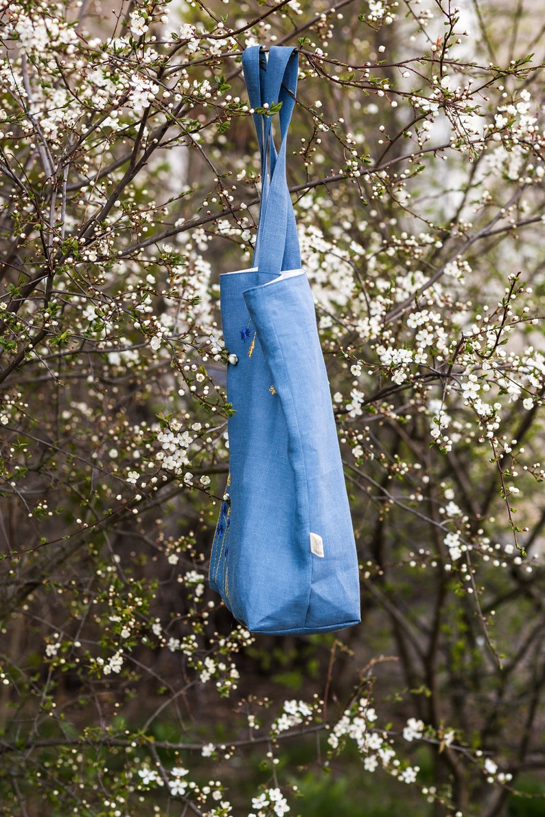 Linen Handembroidered tote bag, Shoulder summer bag with flowers image 3