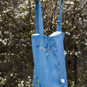 Linen Handembroidered tote bag, Shoulder summer bag with flowers image 6