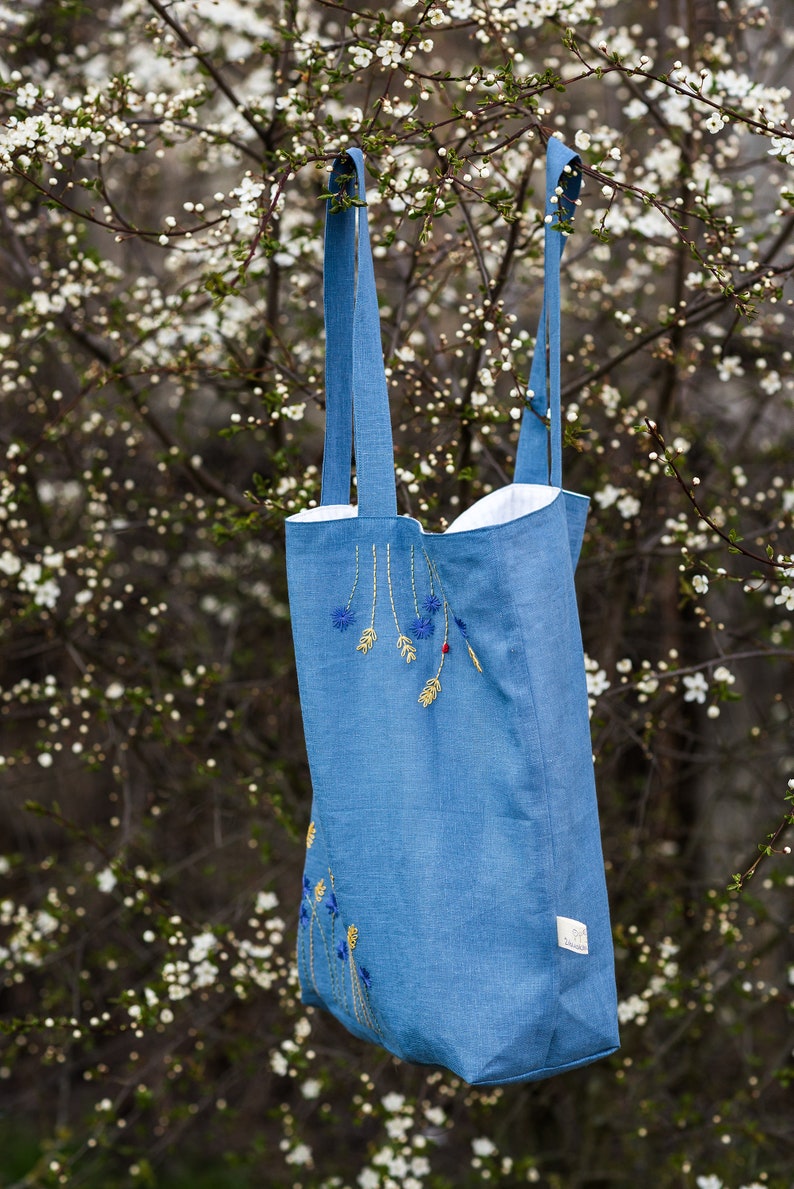 Linen Handembroidered tote bag, Shoulder summer bag with flowers image 6