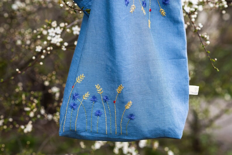 Linen Handembroidered tote bag, Shoulder summer bag with flowers image 1