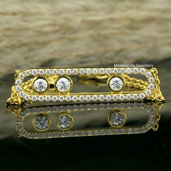 Diamant moissanite taille ronde de 3,50 mm, bracelet classique pavé Baby Move, or jaune massif 14 carats, cadeau simple bijoux de soirée pour elle
