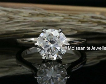 Solitär Rundschliff Moissanite Diamant Ring, Lotus Prong Sechs Zinken 14K Massiver Weißgold Ring für Sie, Einzigartiges Design Gold Verlobungsring