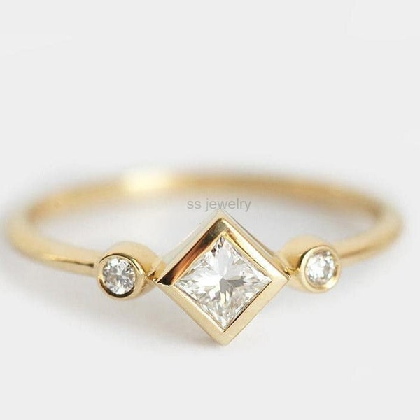 Princess Cut Bezel Set Lab-Grown Diamond Engagement Ring 14K Yellow Gold Princess Diamond Ring 0.75 Ct Princess Wedding Ring Dainty Ring