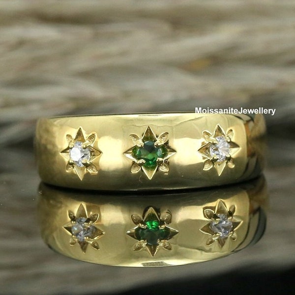 Starburst 3 Stone Men Band Green Emerald Gemstone & Colorless Diamond Band Unique Star Engraved Pattern At Equal Intervals On The Thick Band