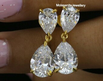 10 TCW Moissanite Engagement Earrings, 18K Gold Teardrop Minimalist Vintage Earrings, Double Pear Cut Earrings, Wear On Your Special Day